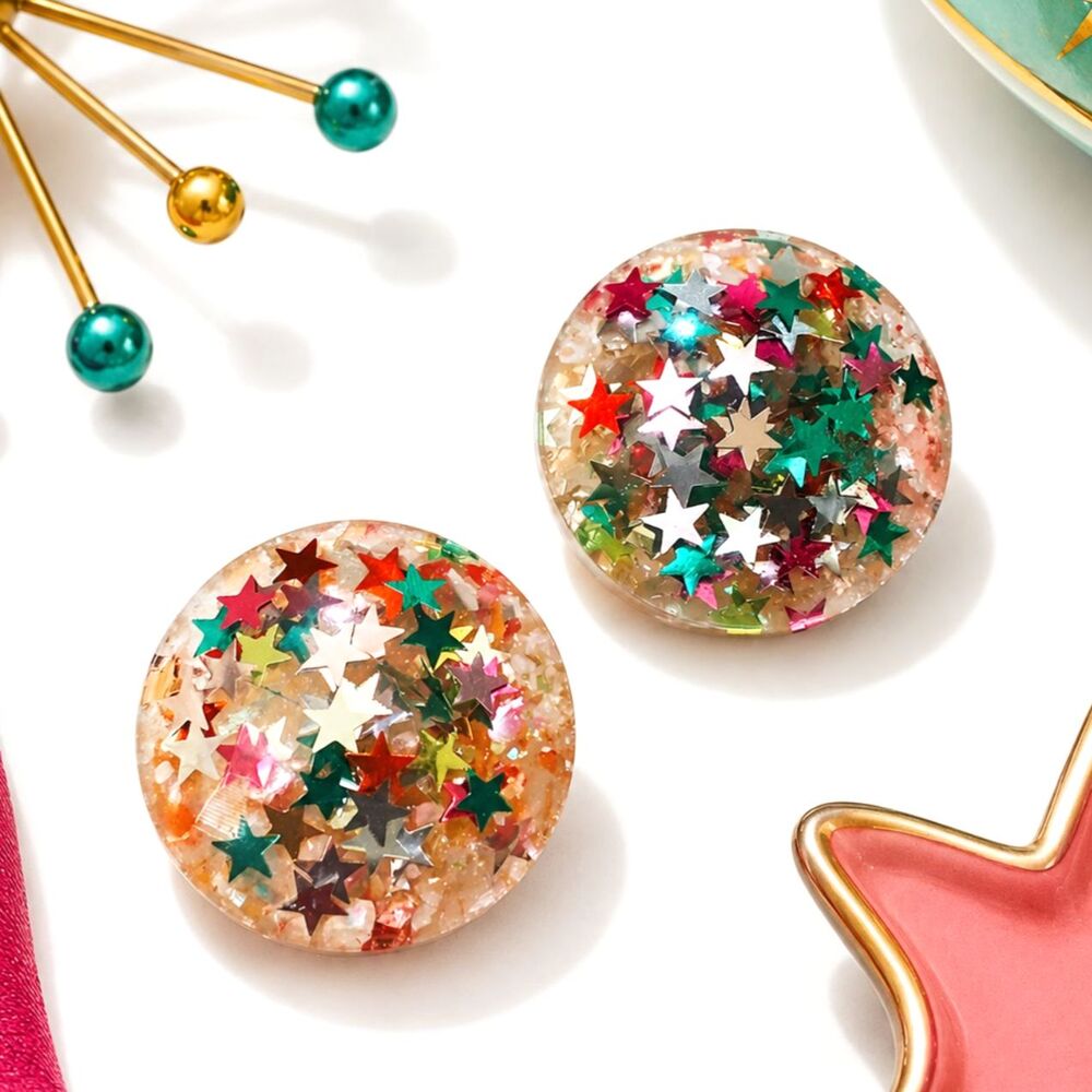 Vintage Mid Century Star Confetti Lucite Clip Earrings Colorful Retro 1960s